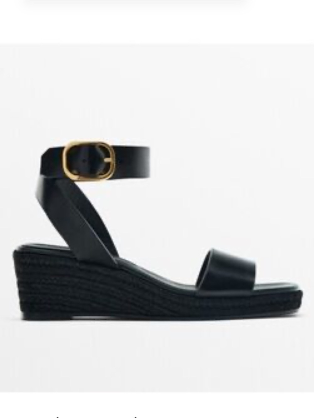 Massimo Dutti Black Leather Ankle-Strap Espadrille Wedge Sandals, size 37